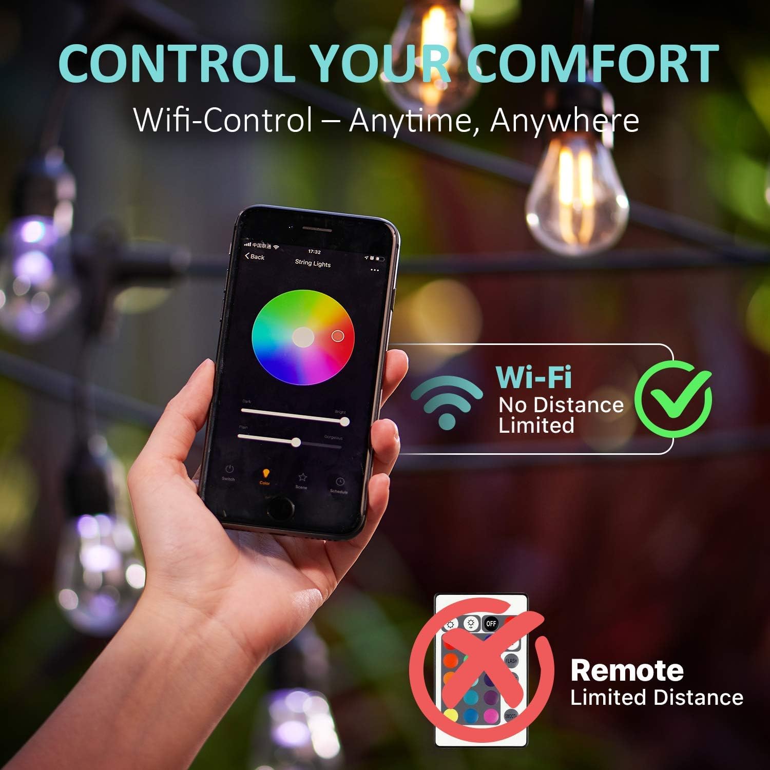 Outdoor String Lights – Patio Lights RGB Color & White LED Lights Smart String Lights Outdoor 2.4GHz Wi-Fi Controlled 15 Edison Bulbs 49 Ft Colored String Lights Works with App & Alexa IP65 Waterproof: Home Improvement