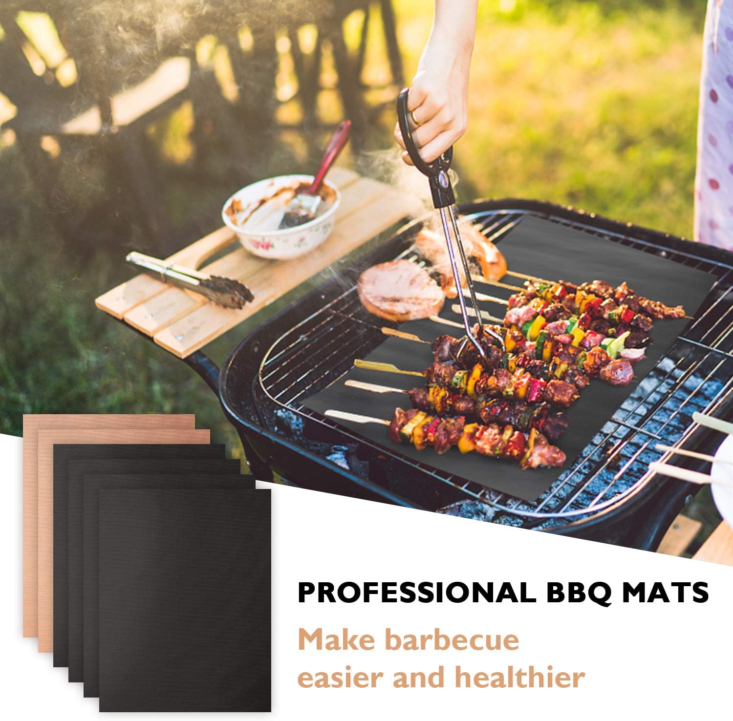 Chrider Grill Mat Set of 6 (4 Pcs Black+2 Pcs Copper) - Non-Stick BBQ Grilling Mats, Reusable and Easy to Clean, Barbecue Grilling Accessories Works on Electric Grill Gas Charcoal BBQ: Garden & Outdoor