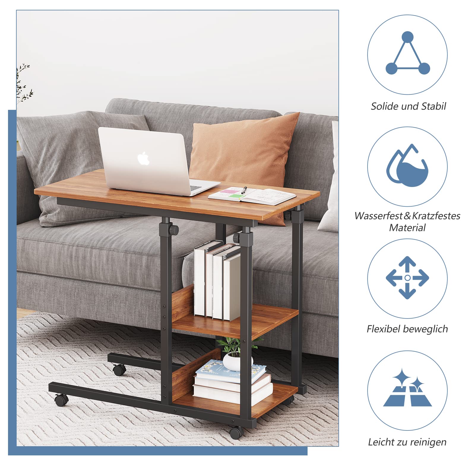 Dripex Beistelltisch mit Rollen Laptoptisch Höhenverstellbar Schreibtisch aus Holz, Sofatisch Nachttisch Kaffeetisch Schlafzimmer, Wohnzimmer Dunkelbraun 8