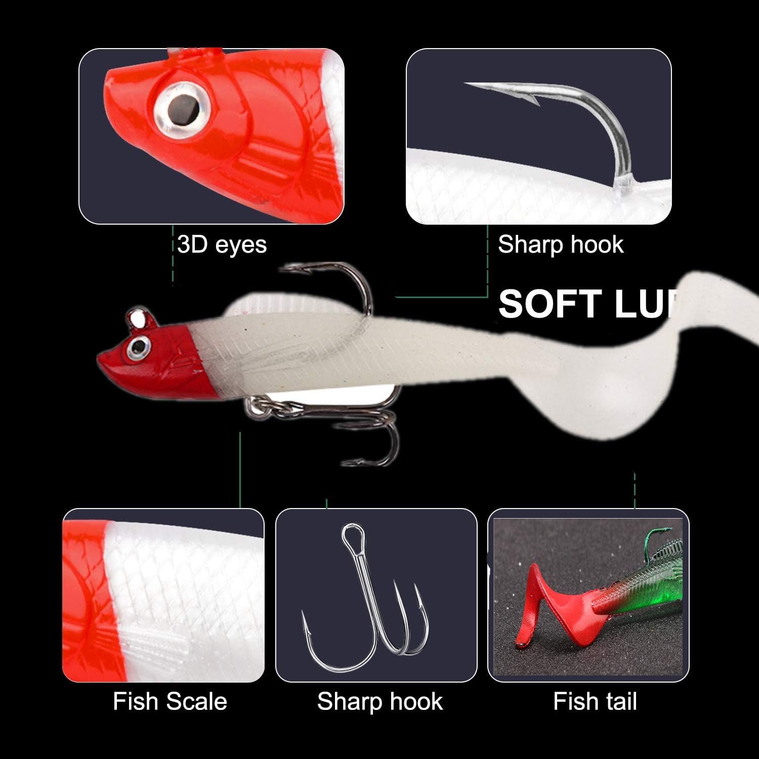 Fishing Lures, Big Soft Tail Soft Fishing Lure Jig Head Silicone Swimbait Lures Set for Sea Bass Pike Trout Perch (D 6PCS) - Image 4