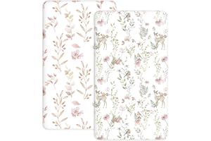 WOODIVILLE Pack and Play Sheets 2 Pack, Fitted Jersey Knit Mini Crib Sheets for Baby Boys and Girls, Compatible with Graco Pack N Play and Mini Crib Mattress (Floral Fawn, Pack N Play/Mini Crib Sheets)