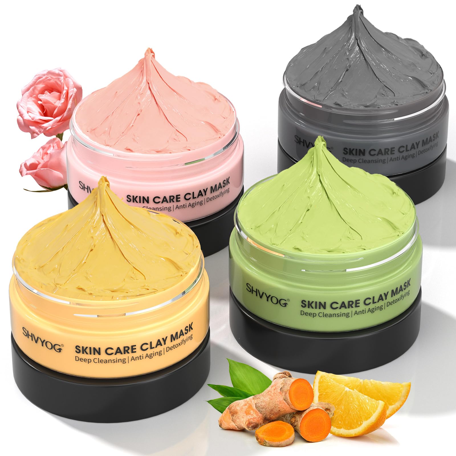 Clay Face Mask Kit, Vitamin C Clay Mask with Turmeric, Dead Sea Mud, Green Tea, Rose, Skin Care Facial Mask for Deep Cleansing, Controlling Oil and Refining Pores & Mask Brush(240g in Total)