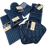 Kitchen Towel Set with 2 Quilted Pot Holders, Oven Mitt, Dish Towel, Dish Drying Mat, 2 Microfiber Scrubbing Dishcloths (Blue)