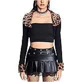 WDIRARA Women's Leopard Pattern Fuzzy Collar Long Sleeve Crop Coat Open Front Shrug Outerwear