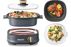 Dezin Electric Shabu Shabu Pot with Removable Pot, 3L Non-Stick Hot Pot Electric with Steamer and Grill Pan, 3-in-1 Electric Pot with Dual-Power Control for Party, Family and Friend Gathering