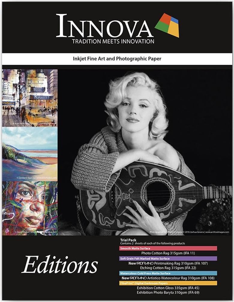 Innova Art Editions Fine Art 8.5x11in Sample Paper Pack - Photo Cotton Rag, Fabriano Printmaking Rag, Etching Cotton Rag, Fabriano Artistico Watercolor Rag, Exhibition Cotton Gloss and Photo Baryta