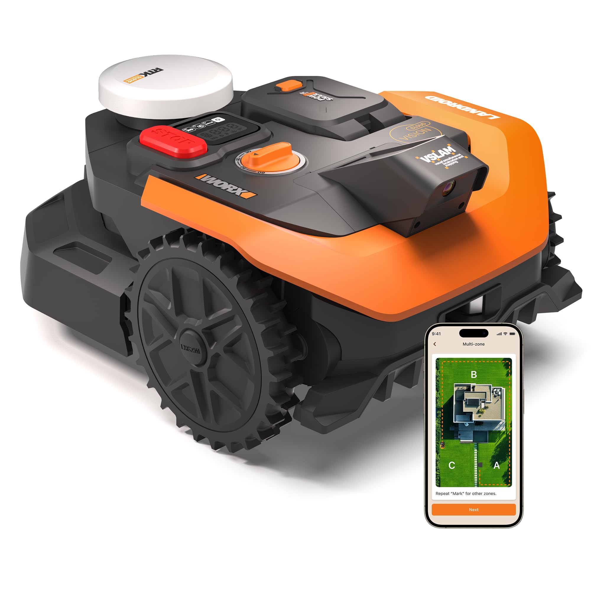 WORX Landroid Vision Cloud WR303E 2WD Mähroboter ohne Begrenzungskabel für 300 m² (KI-Hinderniserkennung, VSLAM+ RTK Cloud Navigation, Auto-Mapping, App-Steuerung)