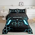 Gaming Comforter for Boys Teens Game Bedding Sets Twin,Kids Gamer Comforter Set Game Home Decor,Soft Neon Lights Gamepad Duvet Insert All Season Hexagon Quilt Comforter with 1 Pillowcase, Blue Grey