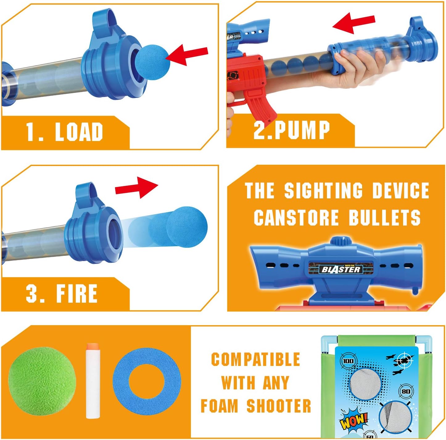 Shooting Game Toy for 5 6 7 8 9 10+ Years Olds Boys and Girls,2pk Foam Ball Popper Air Toy Guns with Standing Shooting Target, 24 Foam Balls, Indoor Activity Game for Kids, Compatible with Nerf Toys: Toys & Games