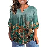 AMCLOS Womens Tops Plus Size V Neck T-Shirts Blouses Casual Flowy Pleated Floral Tunic Long Roll Tab Sleeves