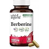 Wild & Organic Berberine Capsules 1000 mg - Antioxidant & Overall Support - Pure Berberine HCL Powder - Berberis Aristata Bark Supplement - Vegan, No Fillers, Non-GMO - 90 Count