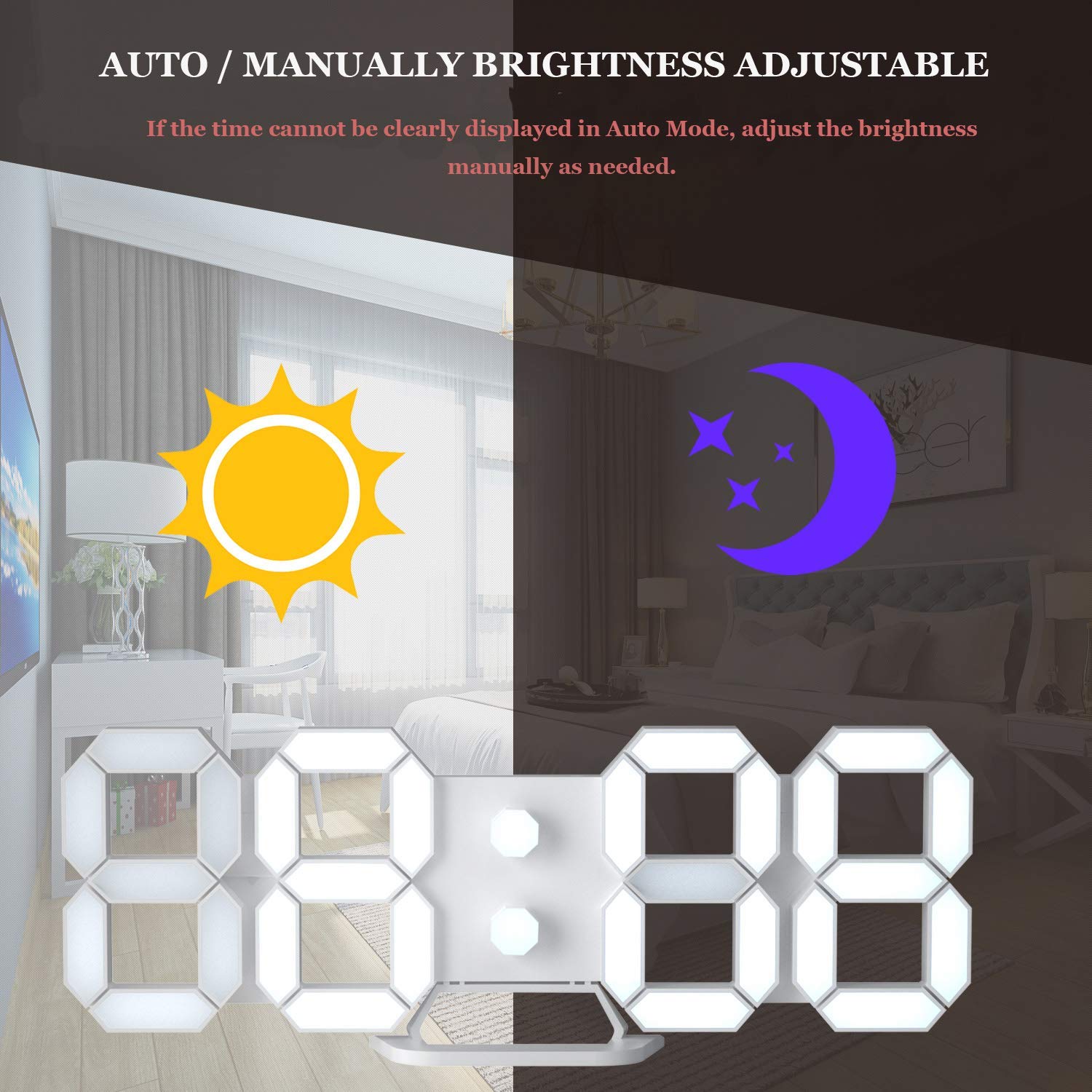 3D LED Digital Desktop Alarm Clock 9.7 Inch Wall Desk Timer Brightness Adjustable for Hotel Office Home Living Room