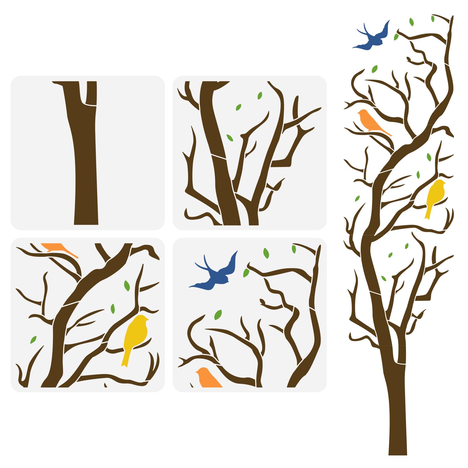 FINGERINSPIRE 4pcs Tree Life Painting Stencil 30x30cm Reusable Branches Drawing Template Large Size Decorative Bird Pattern for Wood Wall