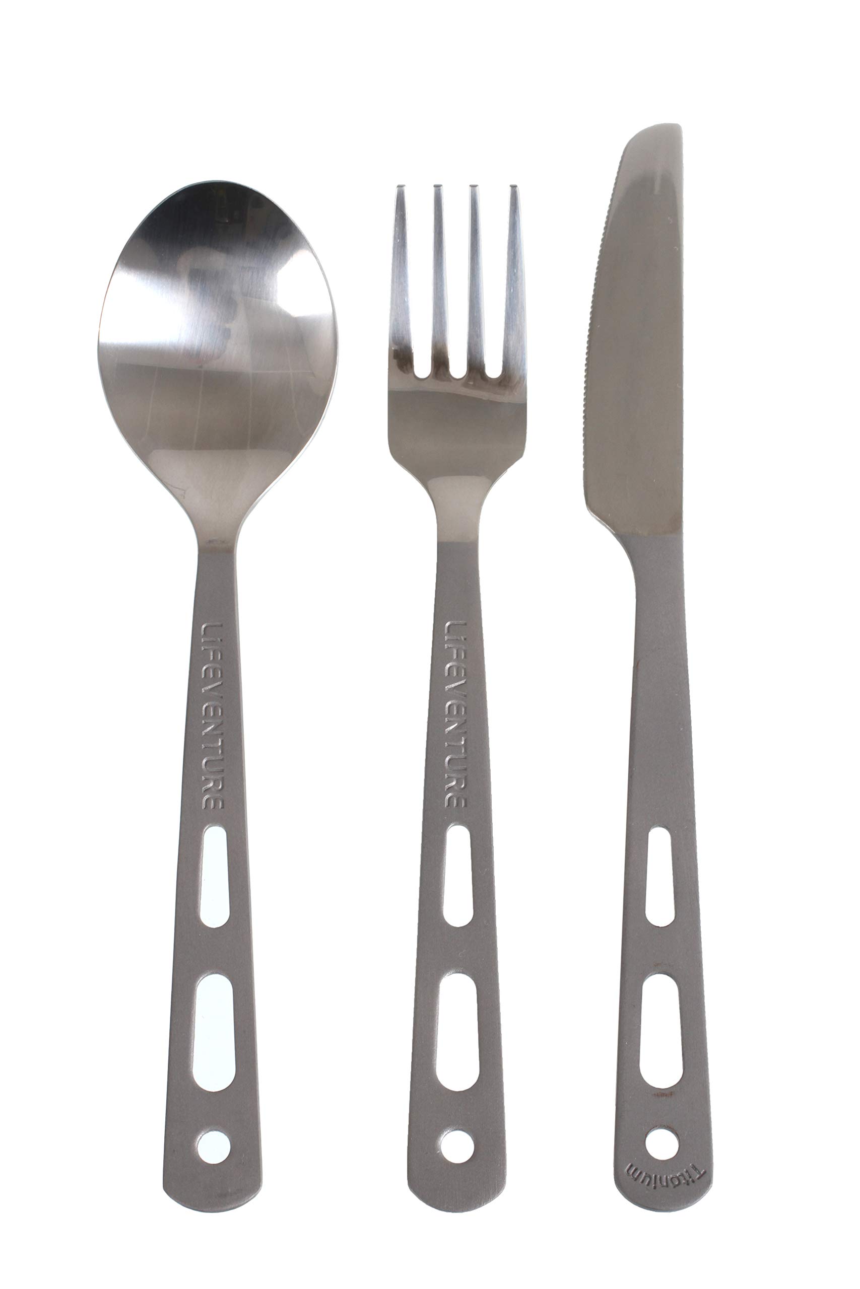 Lifeventure Titanium Camping Cutlery Set – Ultra Lightweight Camping Cutlery for One - Knife, Fork and Spoon Set with Velcro Clasp for Camping or Travel