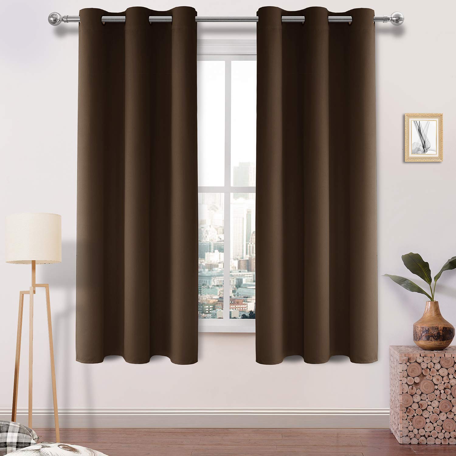 DWCN Blackout Curtains Thermal Insulated Room Darkening Grommet Window Treatment Solid Block Light Curtain Drapes for Bedroom Living Room 38 x 63 Inch Length, 2 Thick Brown Panels