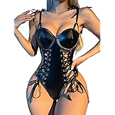 Myilewjt Leather Lingerie Set for Women Latex Leotard Bodysuit Mesh Teddy Lingerie Underwear Clubwear with Snap Crotch