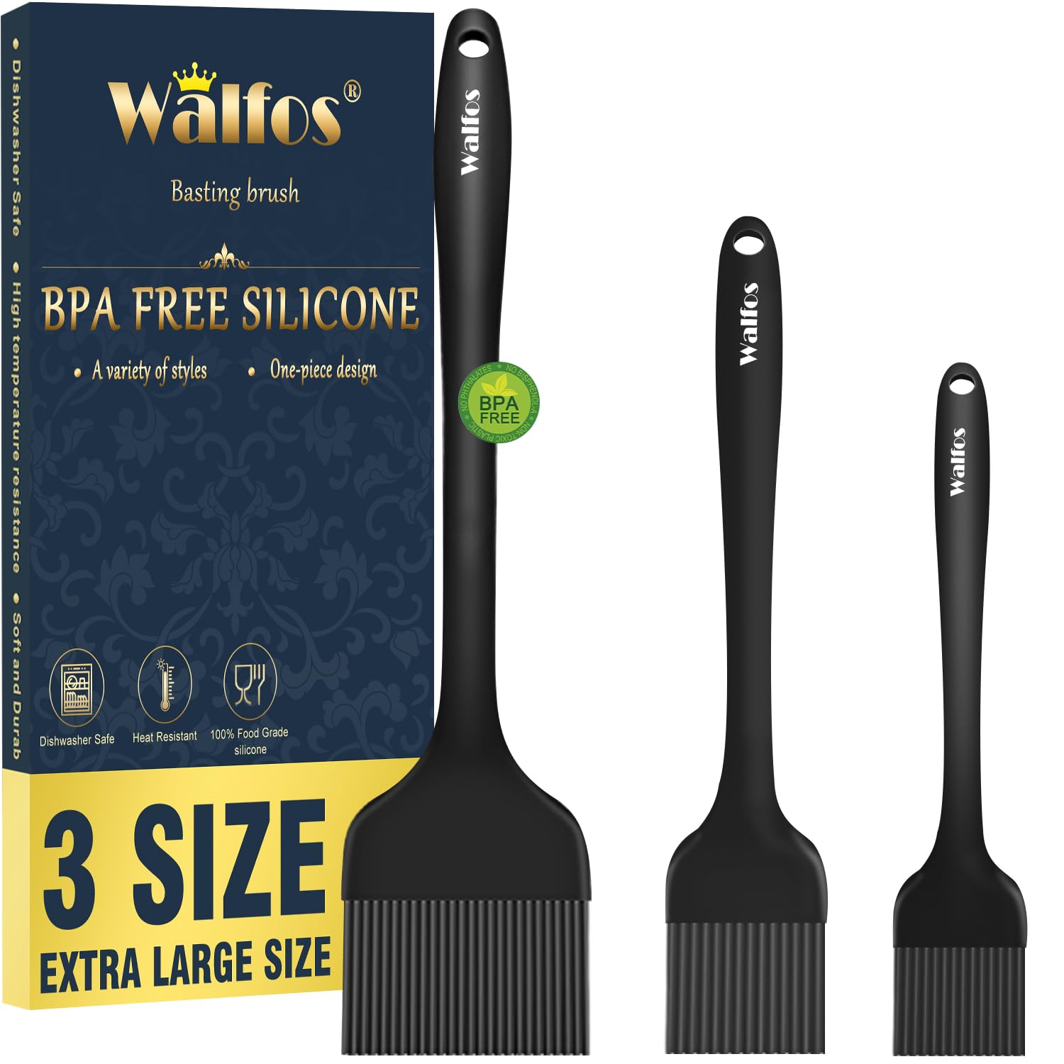 Walfos 3 Size Basting Brush, High Heat Resistant Silicone Pastry Brushes for Barbecue, Baking, Kitchen Cooking, Desserts- Strong Stainless Steel Core Technology