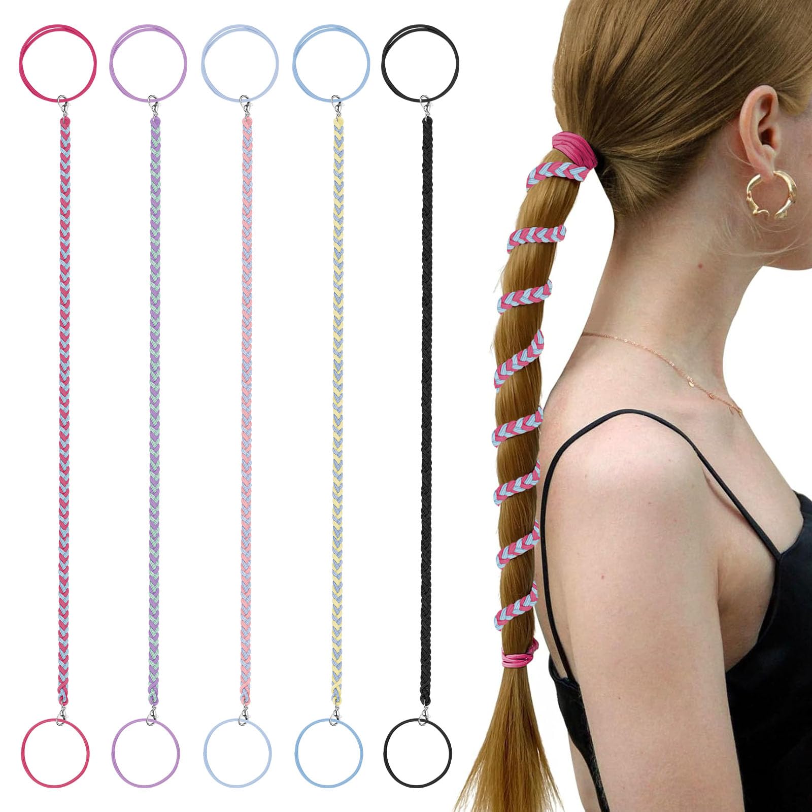 Yitexin 5 Packs 25" Wrap Around Spiral Hair Ties for Sport, Tangle Free Sport Ponytail Holders, Elastic Stretchy Braided Hair Bands Ropes for Women Girls Ladies Surfing Swimming (Mixed Color)