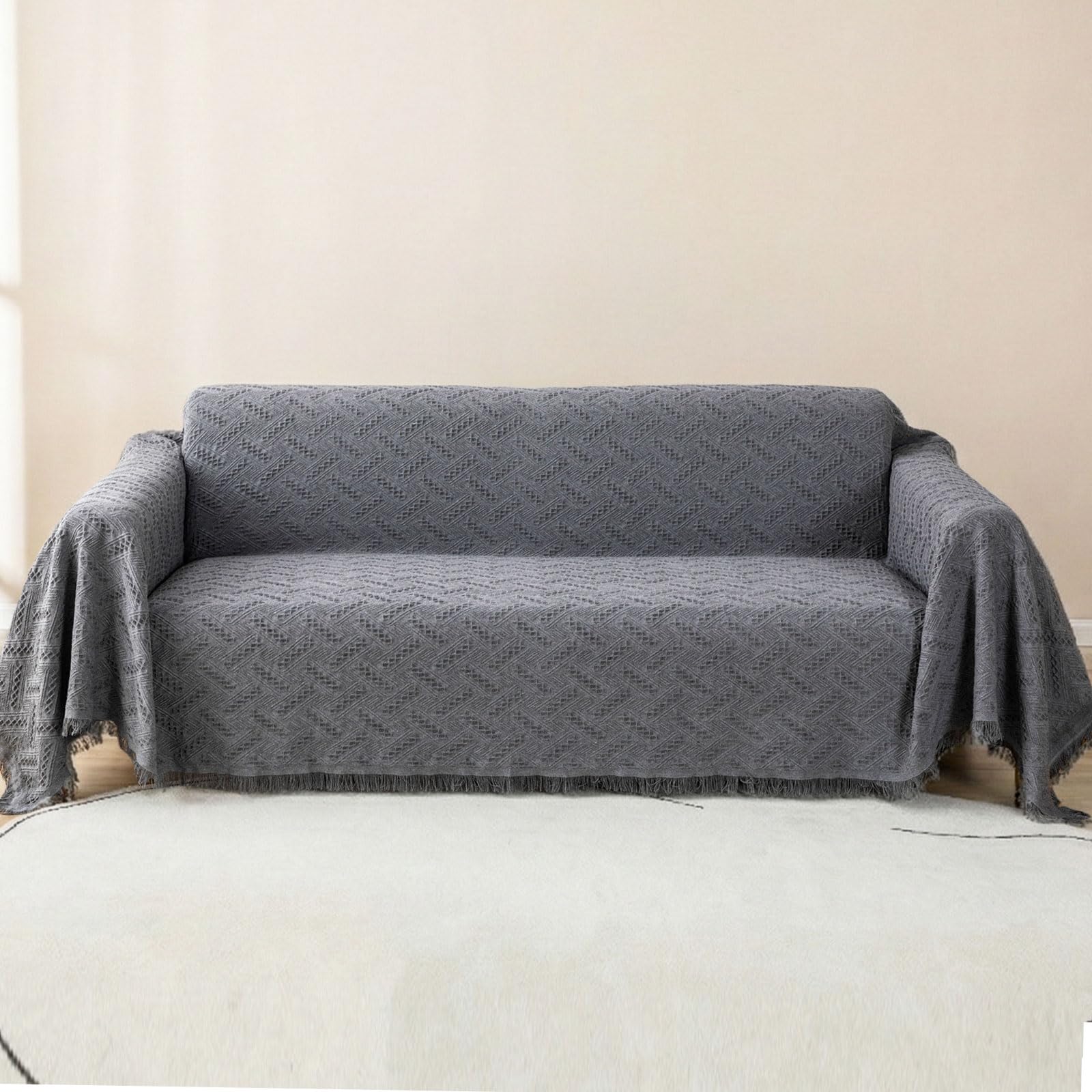 LHGOGO Sofa Throw for 2 Seater Sofas, Large Geometric Jacquard Woven Blanket with Fringes, 60% Cotton Blend Heavyweight Settee Throw, Reversible Couch Cover for Pets, 180x230cm, Grey — image 1