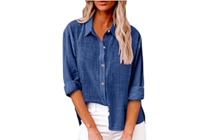 Blouses for Women Dressy Casual Summer Cotton Linen Long Sleeve Lapel Tops Oversized Single Breasted Shirt Office Wear