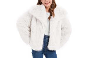 Flygo Girls Faux Fur Coat Kids Fluffy Long Sleeve Lapel Collar Open Front Jacket Warm Winter Shaggy Outwear with Pockets