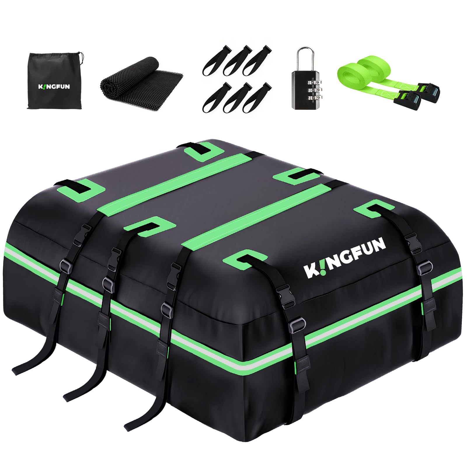 Photo 1 of Kingfun Rooftop Cargo Carrier – Waterproof 21 Cubic Feet Car Roof Bag Fit All Vehicles with/Without Roof Rack, Includes Anti-Slip Mat, 8 Reinforced Straps & 6 Door Hooks, Lashing Straps, Luggage Locks