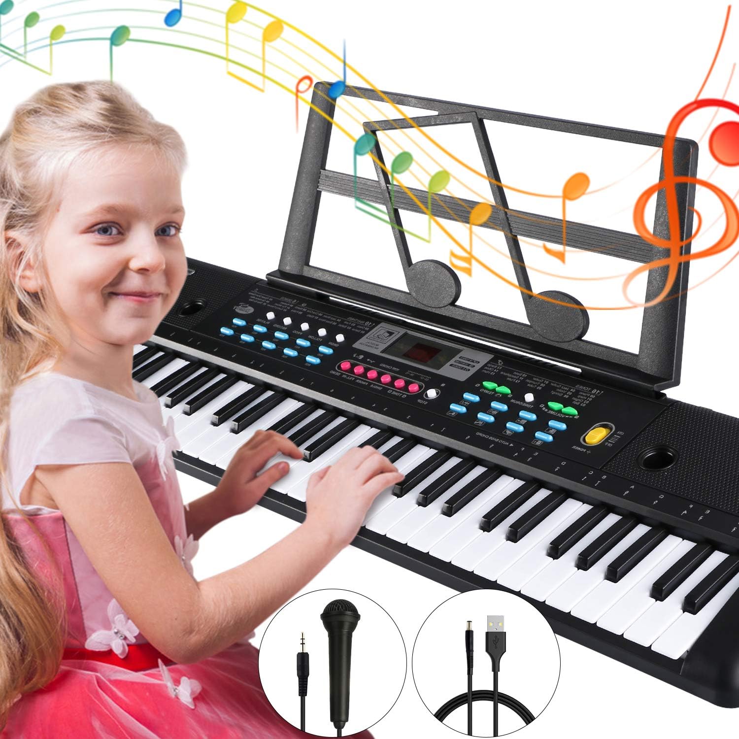 Electronic Keyboard Piano 61 Key, Tencoz Portable Piano Keyboard with Music Stand, Microphone, Power Supply Digital Music Piano Keyboard for Kids