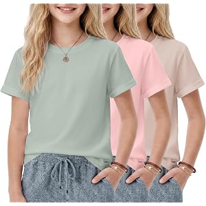Arshiner 3 Pack Girls T Shirts Rolled Short Sleeve Crewneck Tees Basic T-Shirt Summer Tops Blouse for Girls 5-13 Years