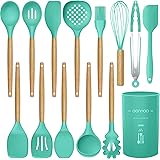 14 Pcs Silicone Cooking Utensils Kitchen Utensil Set,446°F Heat Resistant,Turner Tongs,Spatula,Spoon,Brush,Whisk. Wooden Hand