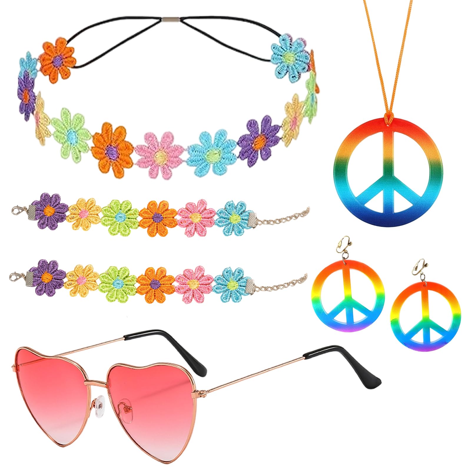7 Pcs Hippie Accessories Set, 70s Fancy Dress Women Accessories Include Flower Crown Headband Wristband and Hippie Sunglasses, Peace Sign Necklace and Earrings, Hippy Party Supplies for Kids Adults