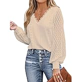 CUPSHE Long Sleeve Tops for Women Eyelet Scalloped Lace V Neck Blouse Casual Loose Fashion Shirts