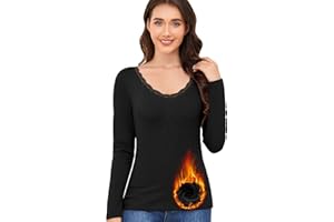 Ganado Lace V Neck Thermal Long Sleeve Shirts for Women Slim Fit Basic Tops Undershirts Base Layer Shirt