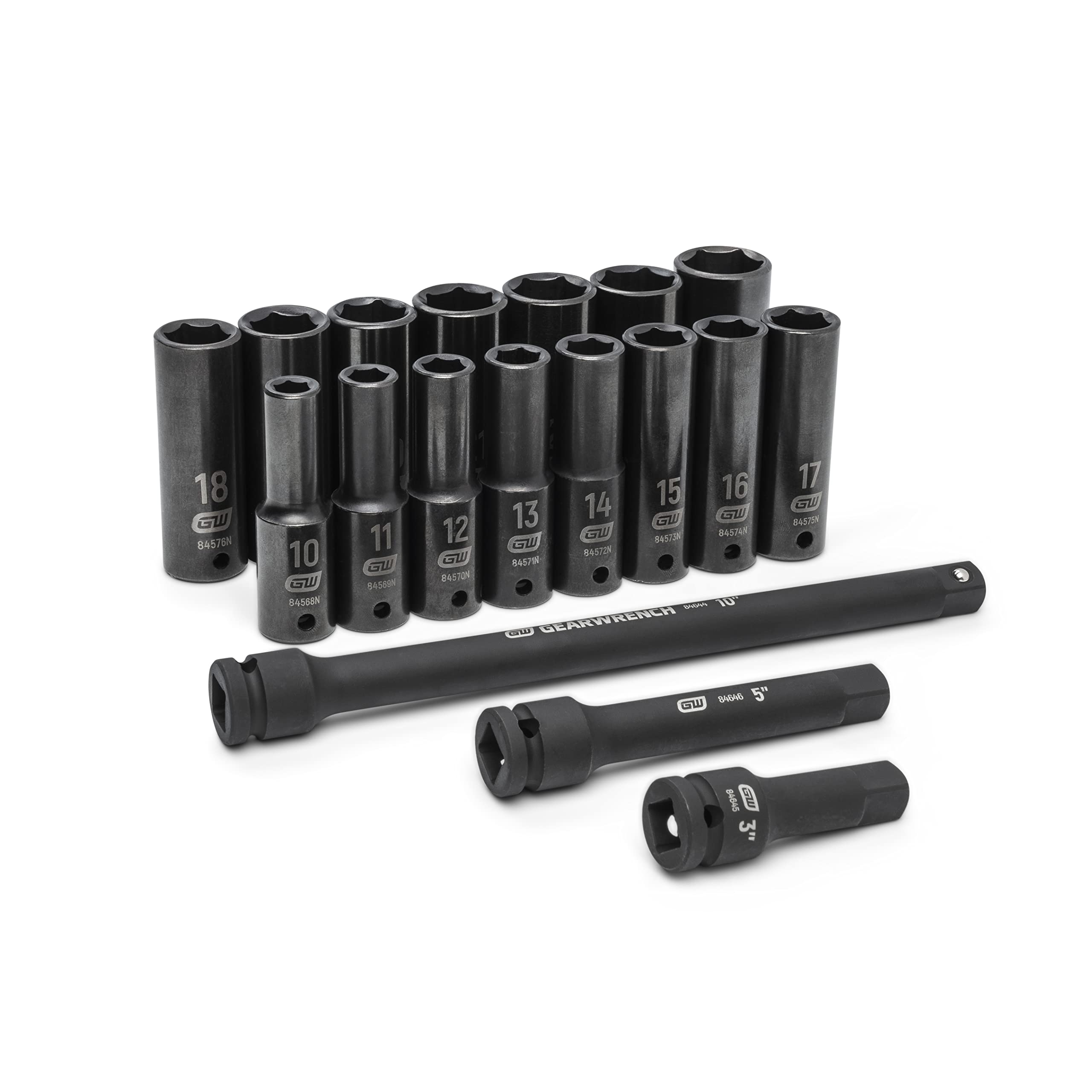 GEARWRENCH 18 Piece 1/2" Drive Deep Metric Impact Socket Set - 89096