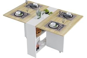 Tiptiper Folding Dining, Versatile Dinner Table with 6 Wheels and 2 Storage Racks, Space Saving Kitchen, Dining Room Table, 31.5 in x 51.2 in x 28.4 in, Pear Wood Color and White
