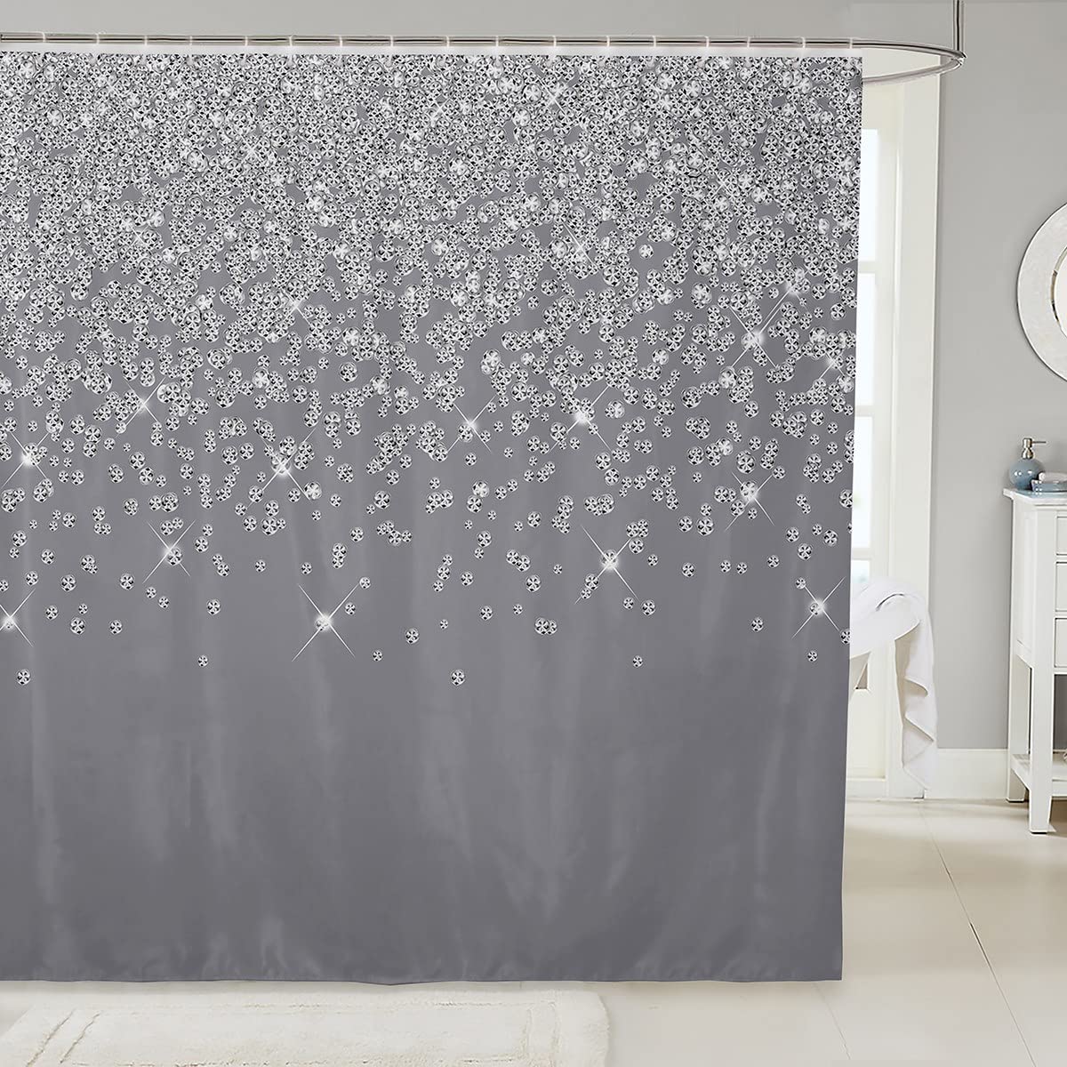 Loussiesd Silver Glitter Bath Curtain (No Glitter) Bling Partyations Shower Curtain Diamond Grey Bathroom Fabric fors Stalls Bathtubs Waterproof Curtains 72x72 Inch