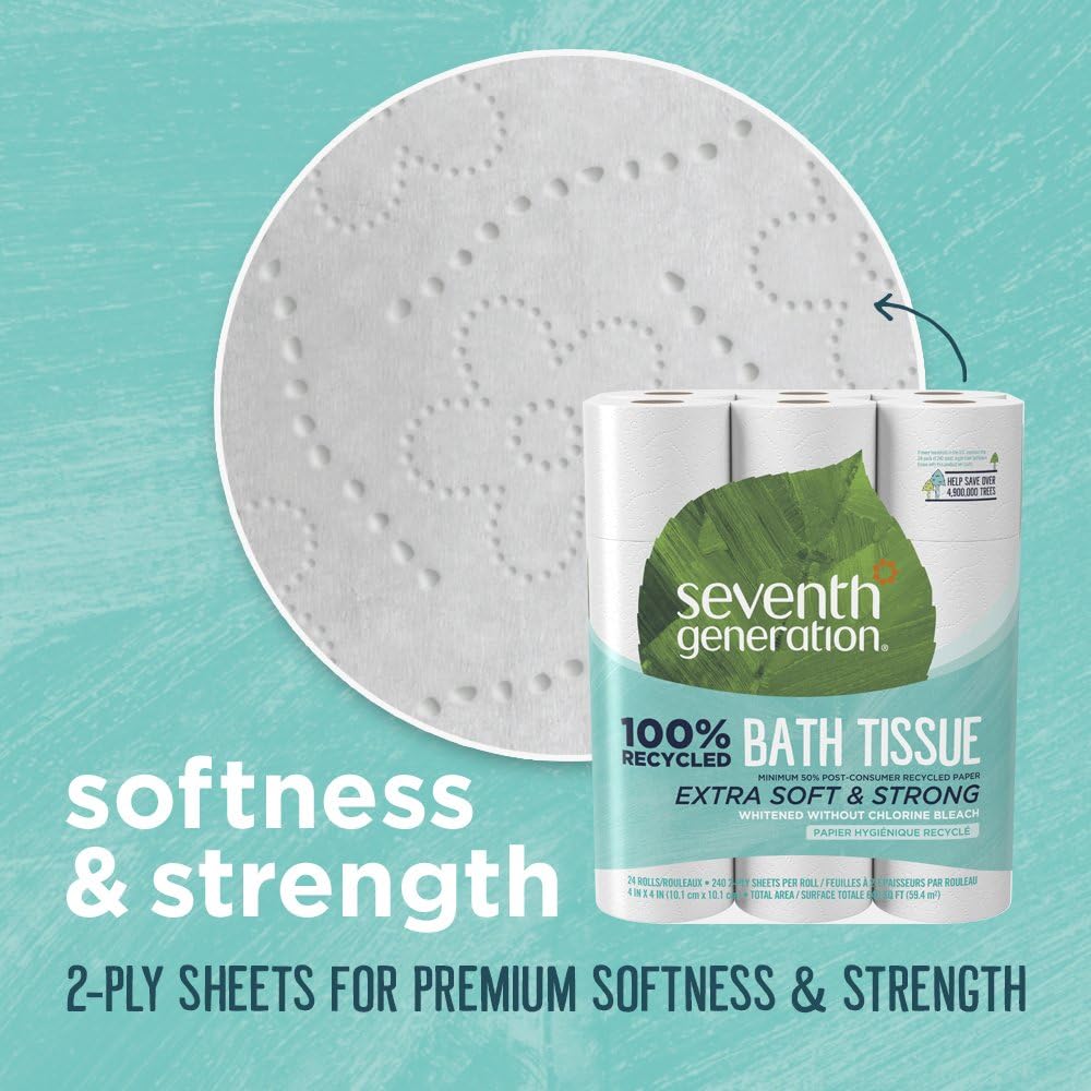 Seventh Generation White Toilet Paper 2-ply 100% Recycled Paper, 24 Count of 240 Sheets Per Roll, Pack of 2: Health & Personal Care