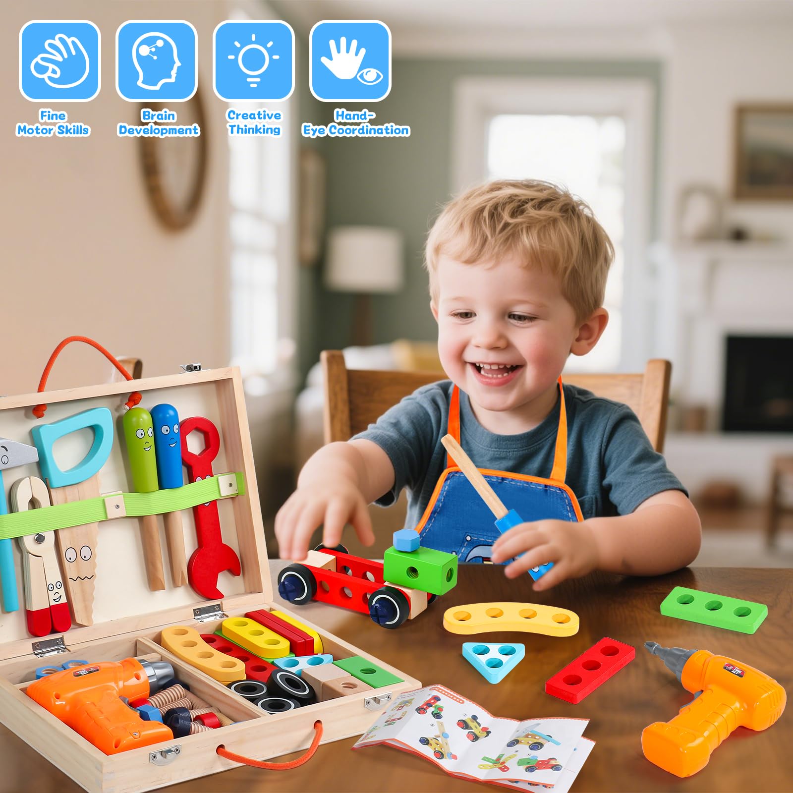 Rtomry Spielzeug ab 3 Jahre, Werkzeugkoffer Kinder Montessori Spielzeug ab 3 Jahre Junge Mädchen Holzspielzeug mit Akkuschrauber & Schürze, 45 STK Werkzeugkasten Kinder Geschenk Junge 3 4 5 Jahre 7