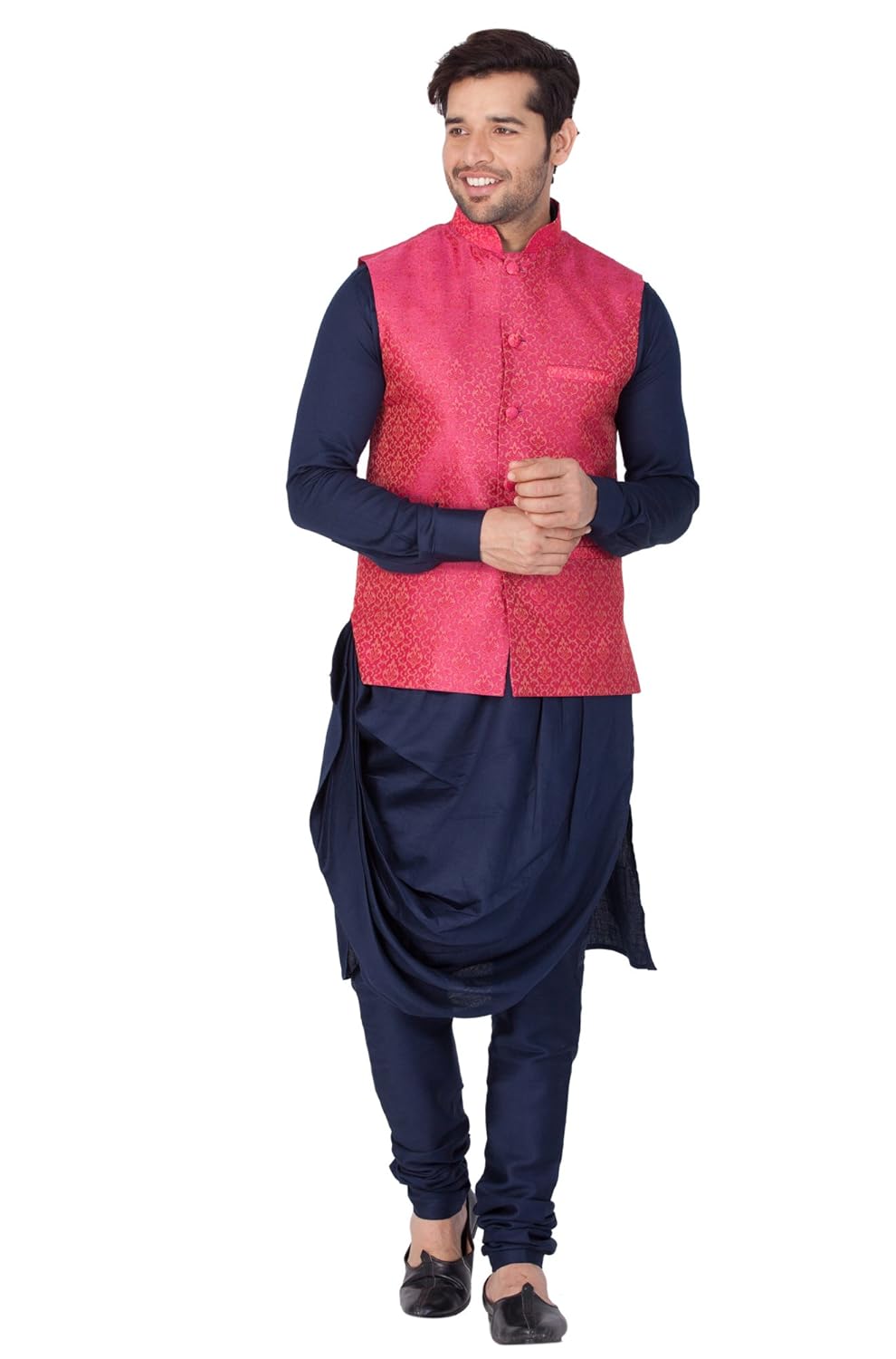 vastramay mens cotton kurta, waistcoat and pyjama set (blue_vasmjk062bu)