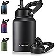 CIVAGO Half Gallon Insulated Water Bottle Jug with Straw, 64 oz Large Stainless Steel Sports Metal Water Flask with Handle, Big Thermal Water Cup Mug with 2 Lids for Camping & Fishing, Black