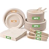 BSDPREF 300 Pack Paper Plates Set Party Supplies Severs 50 Guests Disposable Party Plates Sugarcane Forks Knives Spoons Heavy-Duty Paper Plate Bagasse Natural Compostable Eco-Friendly Birthday Wedding