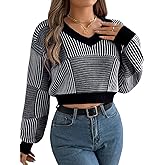 EHSUYAB Womens Sexy V Neck Striped Cropped Sweater, Knit Lightweight Long Sleeve Crop Top, Date Outfits Fall Causal Going Out