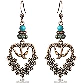 unixmoment Bohemian Vintage Copper Flower Bird Dangle Drop Earrings Handmade Love Heart Turquoise Bead Hook Earrings for Women