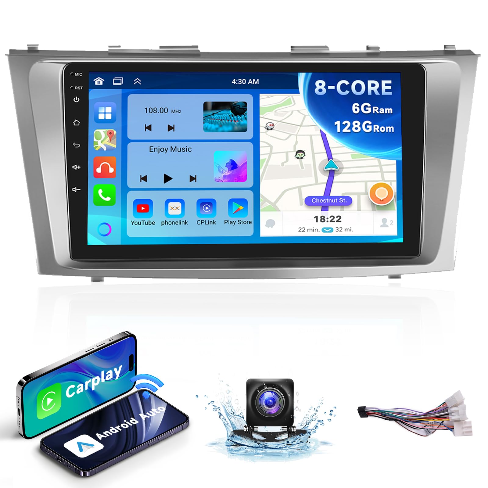 Photo 1 of 8 CORE 6G+128G Android 13 Car Stereo for Toyota Camry 2006 2007 2008 2009 2011 with Wireless Carplay Android Auto, 9 Inch Touch Screen Car Radio GPS/WiFi/Bluetooth/32-Band DSP/USB/SWC+HD Backup Camera