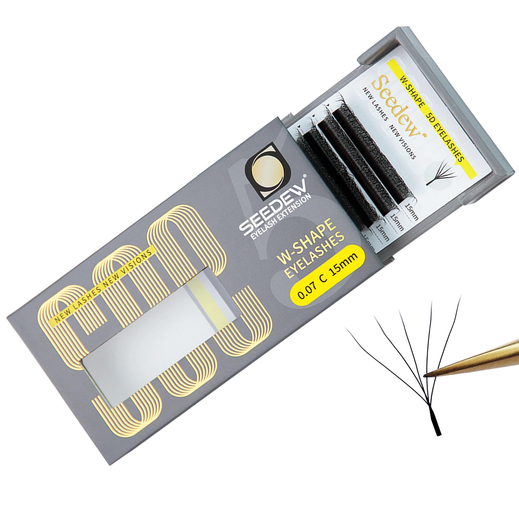 SEEDEW 5D Lash Extensions, 0.07mm C Curl 15mm 12 Rows/Tray, W Shape Flat Stem, Korean PBT Volume False Eyelashes Grafting for Beginner Artist, Lash Tech, Beauty Salon(5D-Matte Black-0.07-C-15mm) — image 1