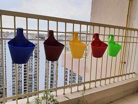 BFCF Sturdy uv resistant plastic planters Pots combo of 5 piece (5 different color)/hook pots for plants balcony/hanging pots for balcony/hanging gamla for balcony/indoor planters/planters for office