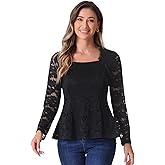 Allegra K Lace Tops for Women's Square Neck Long Sleeve Stertch Elegant Casual Peplum Blouse Top