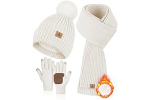 LOROME Women Winter Beanie Hat Scarf Gloves Set, Fleece Knitted Pompom Hat Warm Neck Scarf Touchscreen Gloves Winter Gift