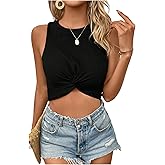 SweatyRocks Women's Casual Twist Front Crop Top Basic Crewneck Slim Fit Top Ribbed Knit Tees