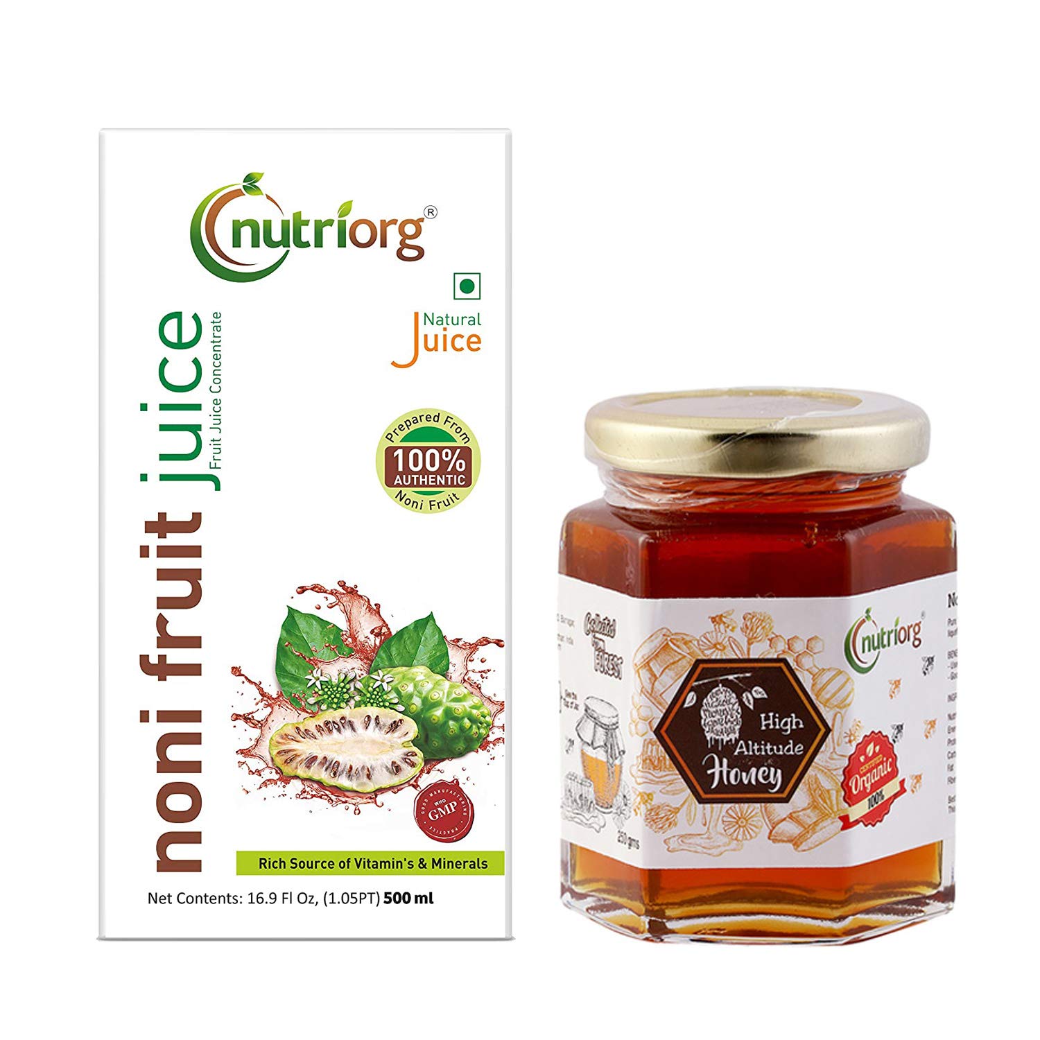 Nutriorg Noni Juice & Organic High Altitude Honey 250g, Rich in Antioxidants, Boosts Energy, Builds Immunity, Natural Detoxifier