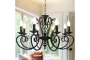 Ganeed French Country Chandeliers,8 Lights Kitchen Island Candle Iron Black Chandelier,Industrial Vintage Pendant Light Fixture for Farmhouse,Dining Room,Bedroom,Foyer